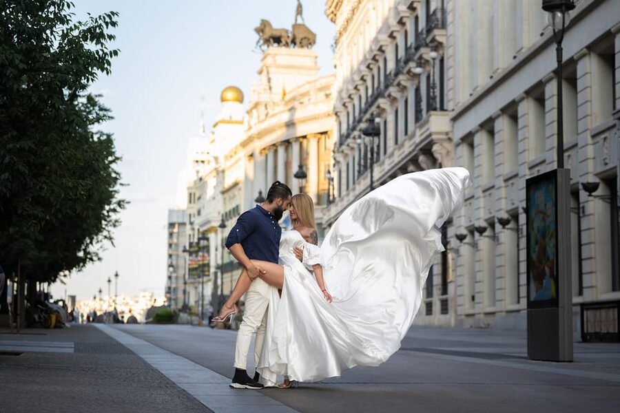 Flying Dress Photoshoot in Madrid - The Royal Palace: grand architecture behind the gown